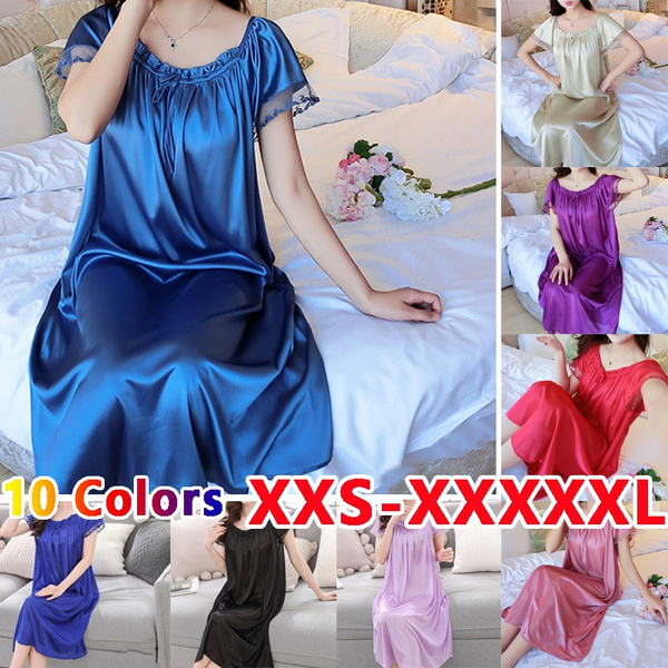 10 Colors Plus Size Women Pajamas Dress Lace Satin Short Sleeve Long  Nightly Dress Comfortable Home wear Silk Sleepwear