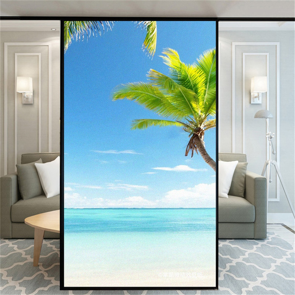 No Glue Decorative Privacy Frosted Window Film Beach Scenery 85B Glass ...