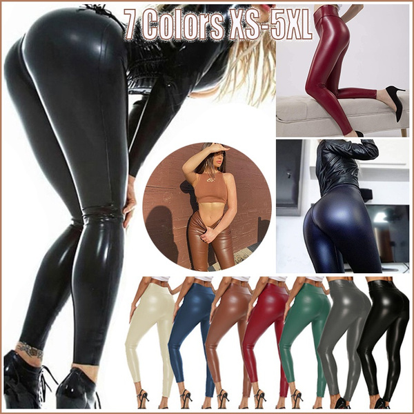 7 Colors Shiny Women's Fashion Ultra Soft Faux Leather Leggings Stretch  High Waist Leggings Slimming Pencil Pants Plus Size S-5XL