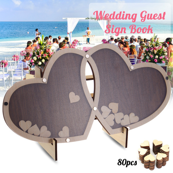 Wooden Wood Tree Double-Heart Wedding Guest Signature Sign Book Decor Ornaments 