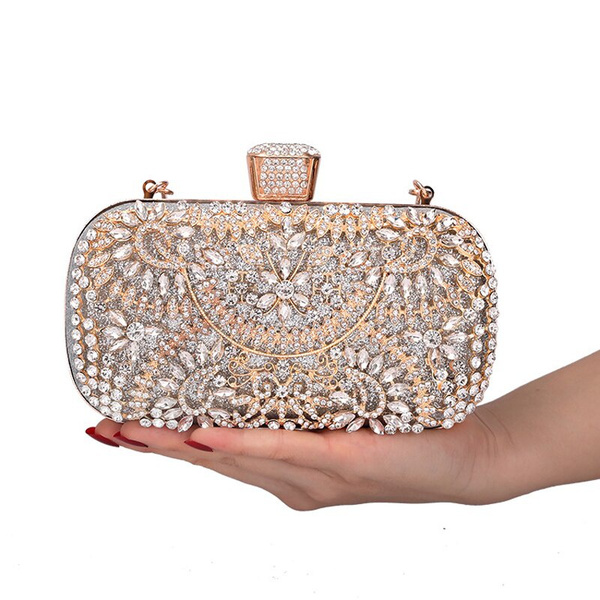 Diamond Evening Clutch Bag For Women Wedding Golden Clutch Purse Chain Shoulder Bag Small Party Handbag With Metal Handle