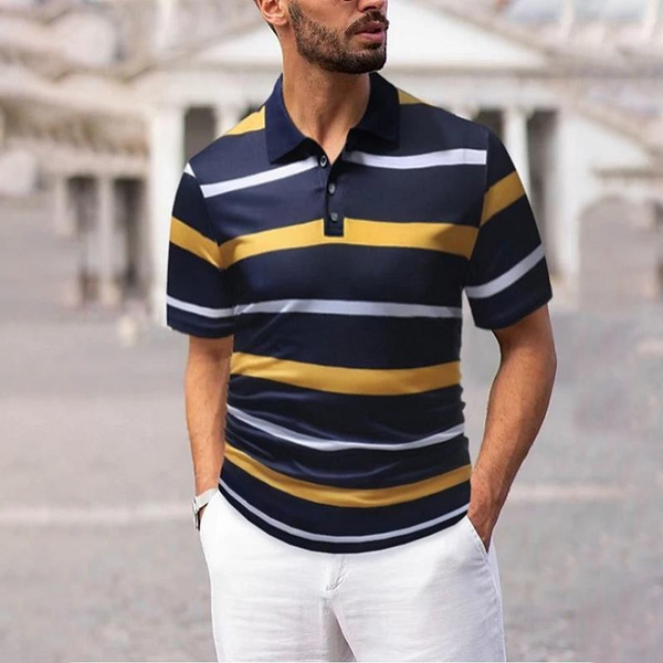 Striped Polo Shirt Men's Summer Shortsleeved Tshirt Lapel Casual