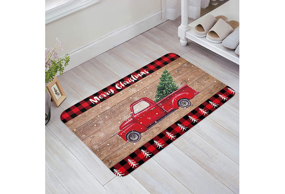 Christmas Door Mat Indoor Entrance Christmas Winter Scenery Red Truck Pull  Xmas Tree on Wooden Grain Front Door Mat Non-Slip Absorbent Kitchen Doormat