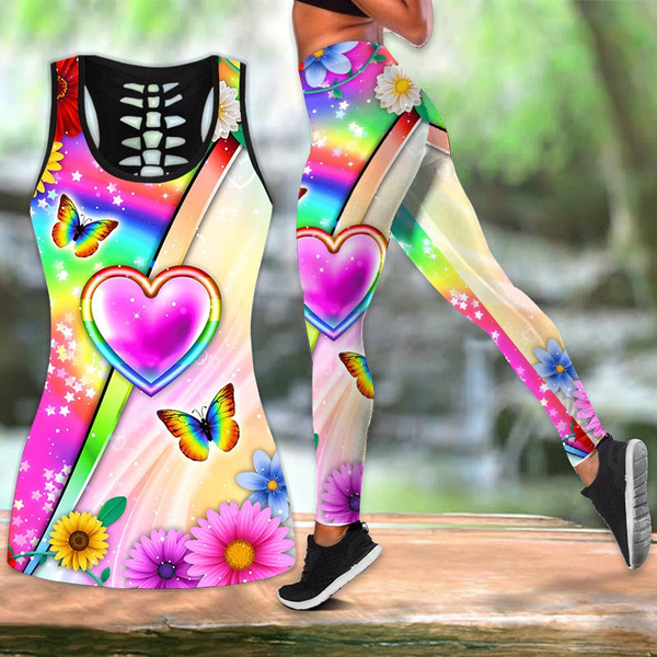 Fashion Women Heart Butterfly Flower Hollow Tank Top + Leggings