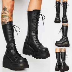wedge, thickheel, Lace, Knee High Boots