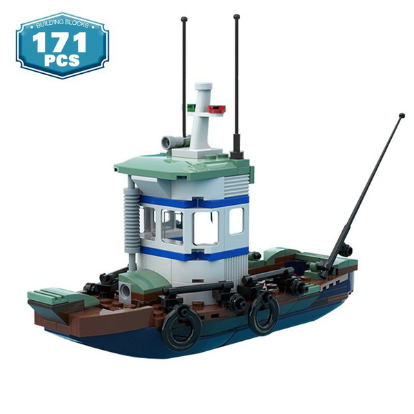 MOC City Fishing Boat Village Model Building Blocks Sets Cruise Ship Ocean  Exploration Shark Boat Bricks Toys For Children