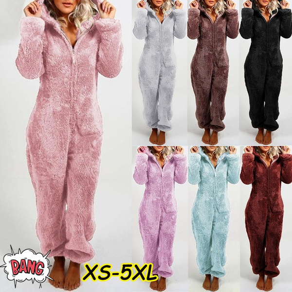 New Women s Fashion Faux Fur Hooded Fleece Jumpsuit Pajamas Winter