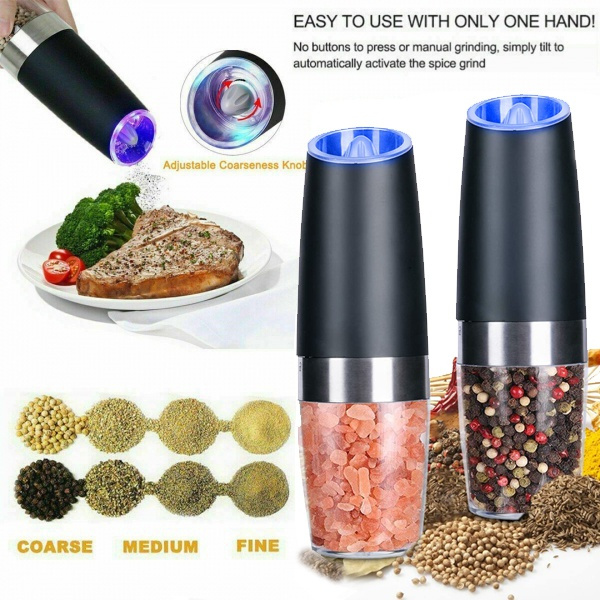 Gravity Electric Salt and Pepper Grinder Set, Automatic Mill  Grinder,Battery-Operated with Adjustable Coarseness, Premium Stainless  Steel with LED