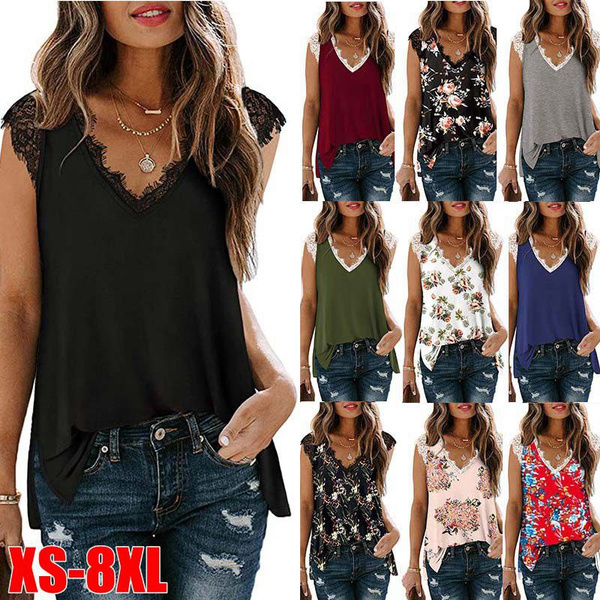 Women's Summer Tops V Neck Lace Tank Tops Casual Sleeveless Tops