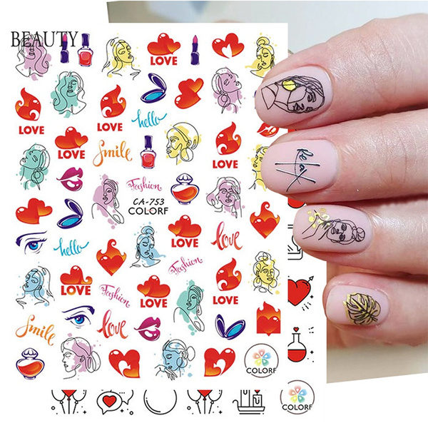 3D Valentine Nail Art Design Abstract Face Red Lips Heart Nail Stickers