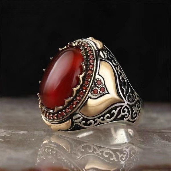 Men's Stainless Steel Ring With Red Zircon - Anniversary Promise Engagement Band (Size 10)