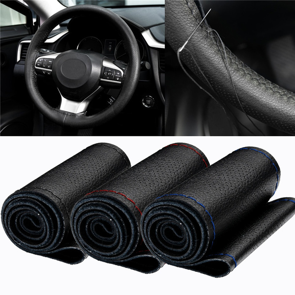 DIY leatherette Car Steering wheel cover breathable w/needle thread Black 