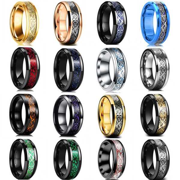 TUNGSTORY 8mm Black Tungsten Wedding Ring - Celtic Dragon Design With Blue Carbon Fiber Inlay, Comfort Fit Size 5-14