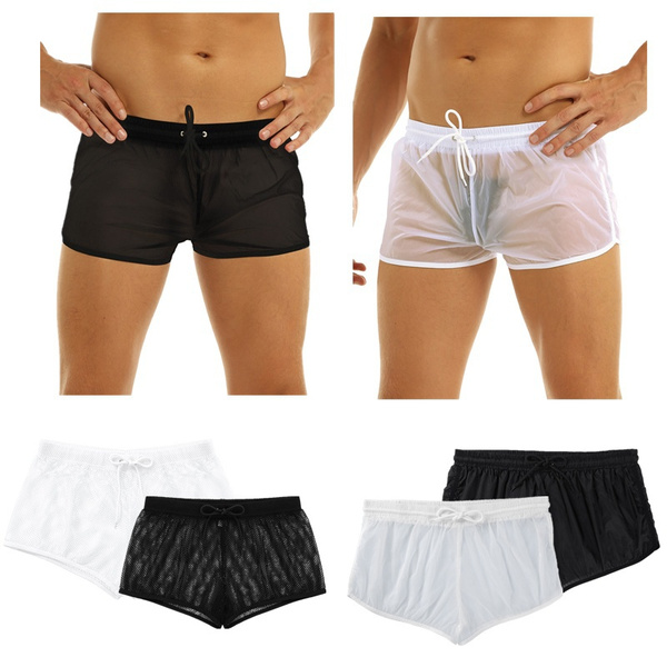 Mens See Through Mesh Sheer Drawstring Beach Lounge Shorts Boxer