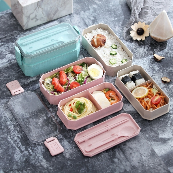 1pcs Wheat Straw Double Lunch Box Student Lunch Box Cutlery Set ...