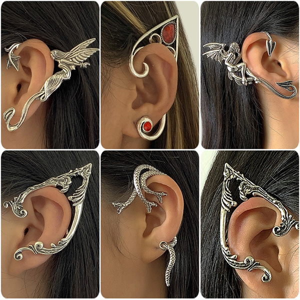 BETHYNAS Gothic Elf Ear Cuffs with Piercing Punk Earring Studs