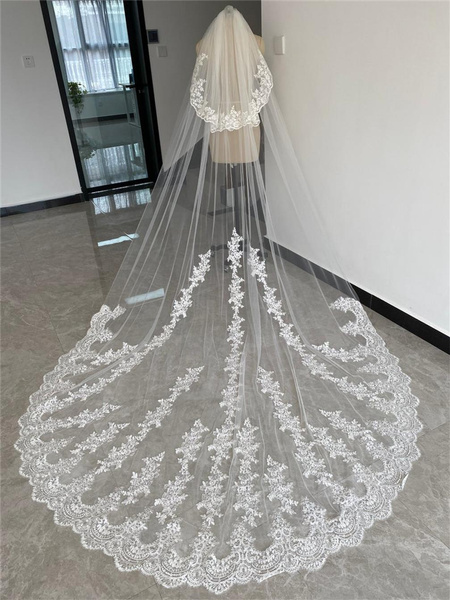 Two Layers Wedding Veils Cover Face Lace Appliqued 3m Bridal Veil With ...