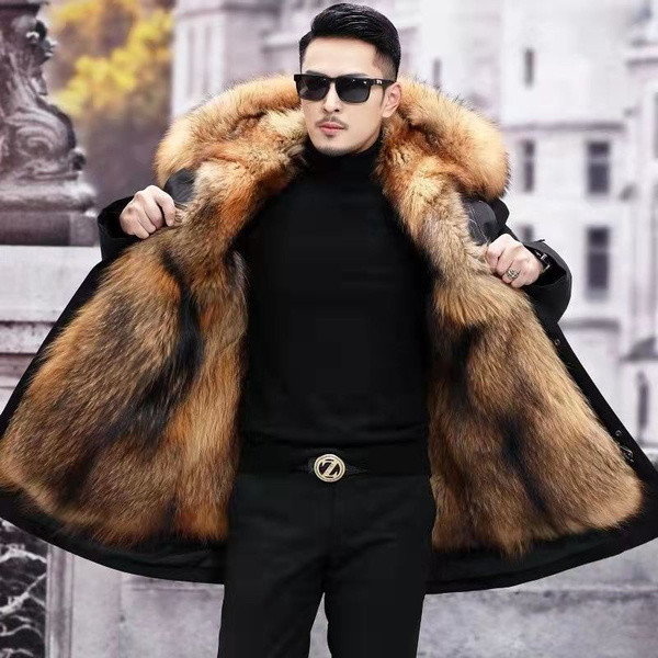 2021 New Winter Detachable Pie Overcoming Men's Coat Mid-length Fur and  Raccoon Fur Thick Coat Large Size（XS-5XL)