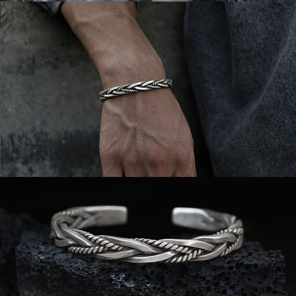 925 Sterling Silver Vintage Weave Style Opening Men Bracelet