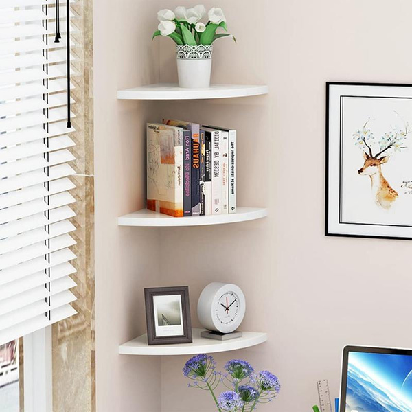 Set Of 3 White Floating Corner Shelf Wall Shelves Storage Display ...