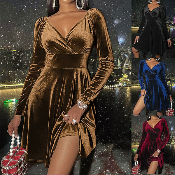 Wenrine Women's Velvet Wrap Mini Dress - V Neck Long Sleeve Ruffle Club Dress - View #3