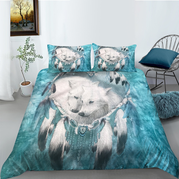 Wolf Dream Catcher Bedding， 32 Piece White Wolves Bed Set Blue Galaxy Wolf Couple Duvet Cover