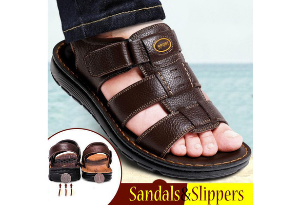 Men's Summer Fashion Non Slip Leather Sandals Flip Flops for Male Leather  Beach Shoes Man Casual Comfortable Beach Slippers