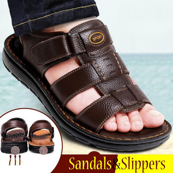 Men's Summer Fashion Non Slip Leather Sandals Flip Flops for Male Leather  Beach Shoes Man Casual Comfortable Beach Slippers