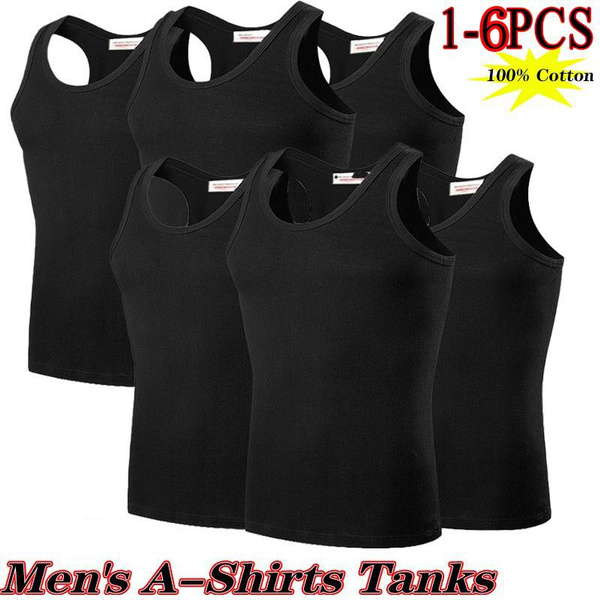Mens 100% Cotton Tank Top A-Shirt Wife Beater Undershirt Ribbed Black 6  Pack (White, Large)