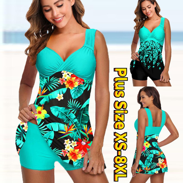 Women Beachwear Tankini Swimwear Bathing Suit Two Pieces Bikini Set  Swimsuits Womens Print Asymmetric Hem Swimdress and Shorts Tankinis Flower  Printed Beach Plus Size XS-8XL