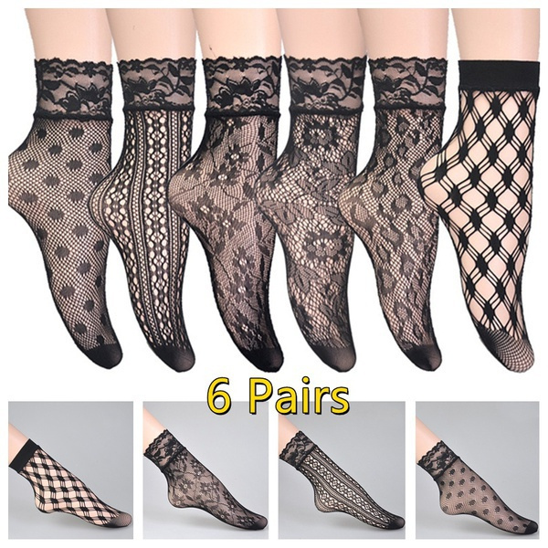 6 Pairs Women Black Socks Fishnet Lace Ruffle Socks Mesh Stockings ...