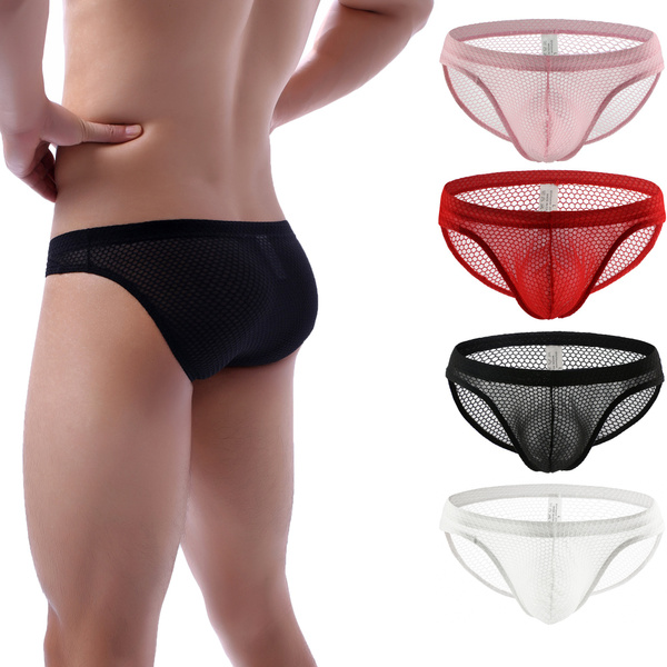 Men's Fashion Sexy Bikini Men Underwear Briefs Underpants See-Through Mesh  Elastic Stretch Men Shorts Triangle shorts TB