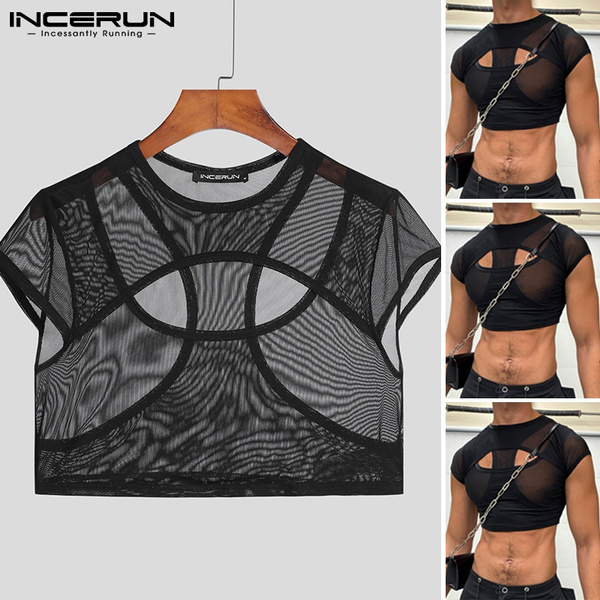 Black Men See Through Mesh Cropped Tops Gym Muscle Hollow Out Skinny  Clubwear Casual T Shirts