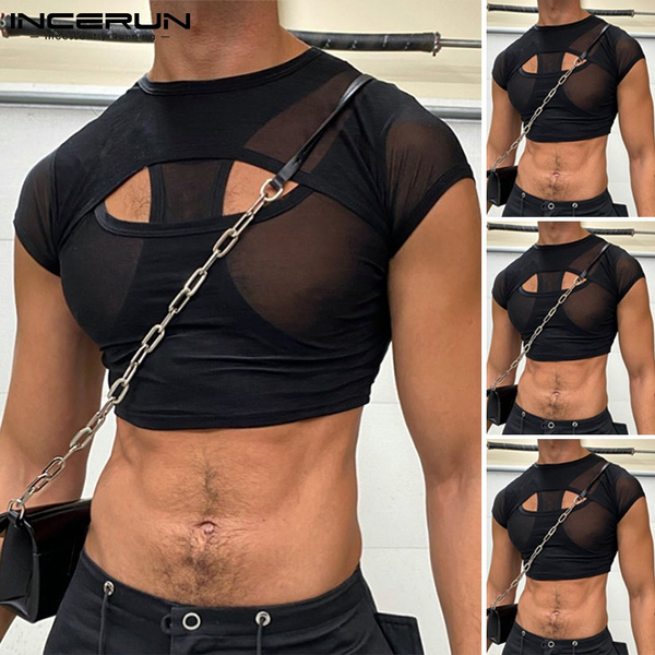 Men Crop Tops See-through Net Yarn Round Neck Short Sleeves Body