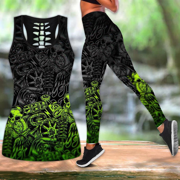 Skull Punk Hollow Tank Top + Leggings Yoga Outfit Fitness Leggings Athletic  Set S-5XL