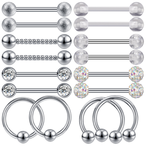 8 Pairs 14g Stainless Steel Nipple Rings Barbells Nipple Tongue Piercing Kits Nipple Hoop Rings