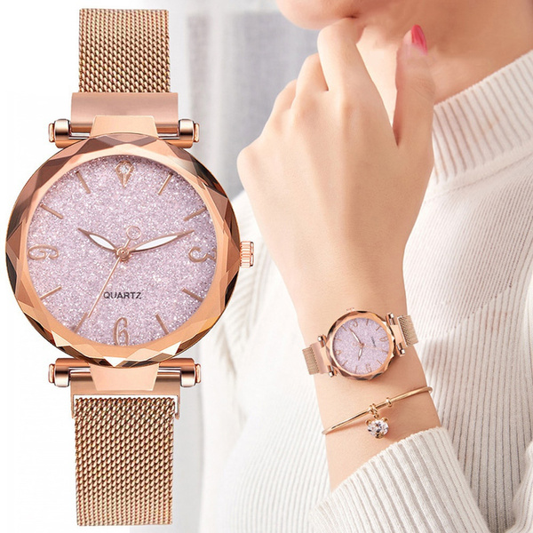 Rose Gold Women Watch Luxury Magnetic Starry Sky Lady Wrist Watch Mesh