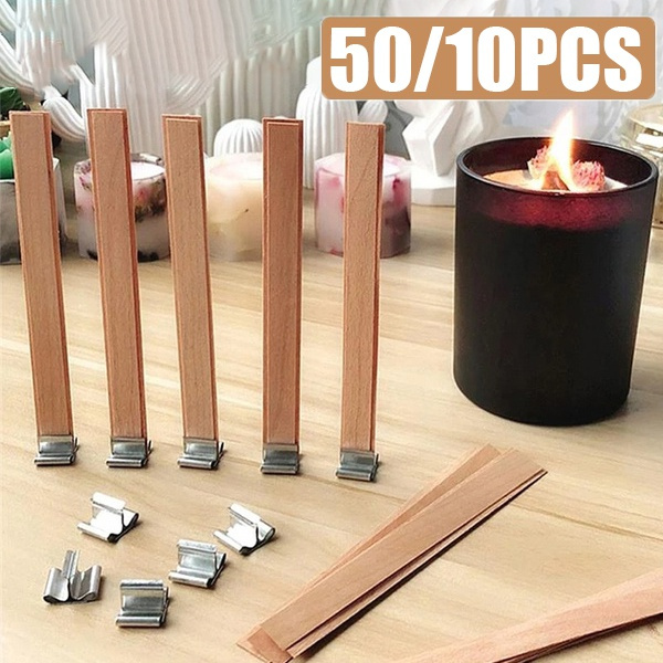 10/50Pcs 13X130mm/6X60mm Natural Wood Candle Wicks DIY Candle Making  Supplies ( with Metal Candle Wick Sticker)