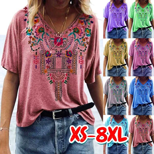 Womens Summer Tops Fashion Floral Print Tshirts Casual Short Sleeve V Neck Tee Blouse Colorful Tunic Tops Plus Size 