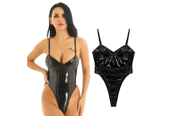 ACSUSS Women's Spaghetti Straps PVC Leather Wet Look High Cut