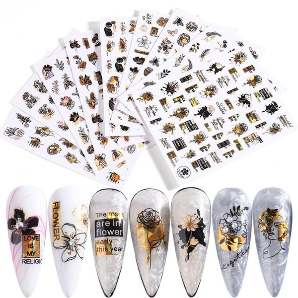 1 PC Holographic Gold White/Black Nail Art Stickers 3D Laser Flowers