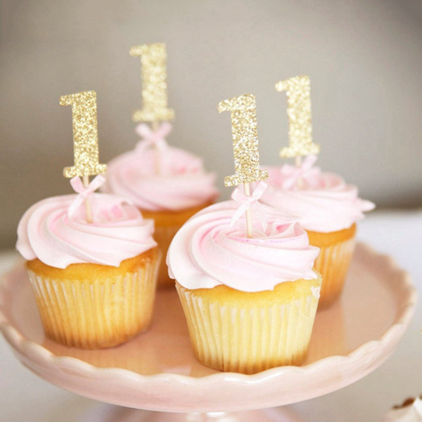30Sets One Year Happy Birthday Cupcake Toppers Glitter Gold Ribbon Bow ...