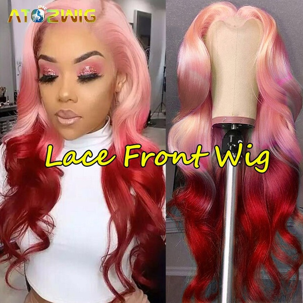 Body Wave Pink Red Ombre Lace Front Wigs Fashion Party Wigs Synthetic For Women Wish