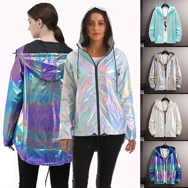 Plus Size Iridescent Hooded Windbreaker Jacket - Purple