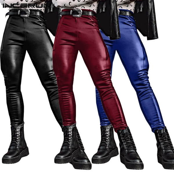 Mens Punk Long Pants Wet Look Leather Motor Biker Slim Fit Trousers  Nightclub | eBay