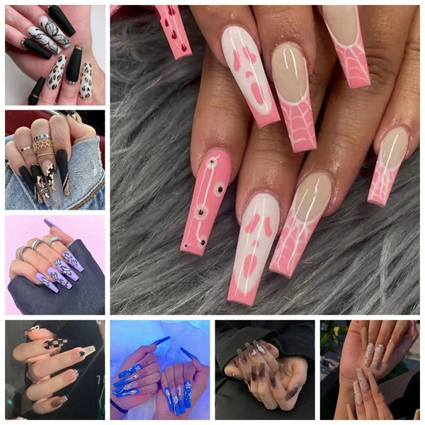 24Pcs Simple Funny False Nails Long Coffin Scrawl with French Design  Wearable Fake Nails Full Cover Press on Nail Tips Art - AliExpress