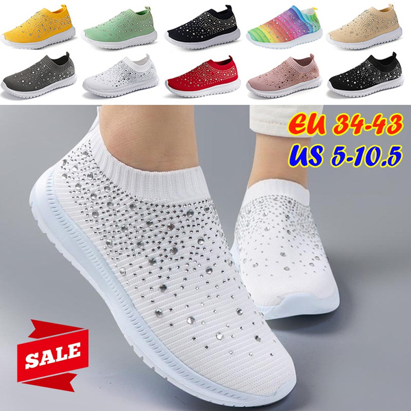 Women Knitting Crystals Sneakers Sparkly Casual Slip On Shoes
