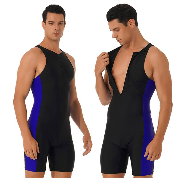 Men Sleeveless One-piece Swimwear Front Zipper Shorts Bodysuit ...