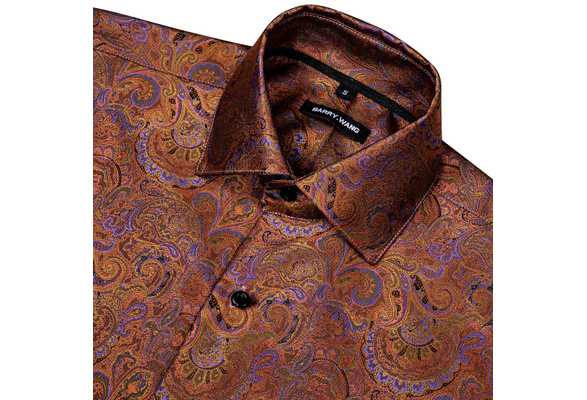 Luxury Amber Paisley Silk Shirts Men Long Sleeve Casual