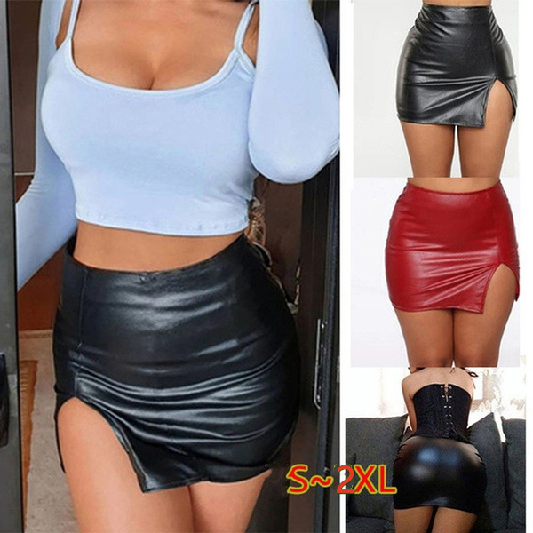Women Sexy Black Pu Leather Pencil High Waist Mini Dress Short Skirt Package Hip Leather Skirt 